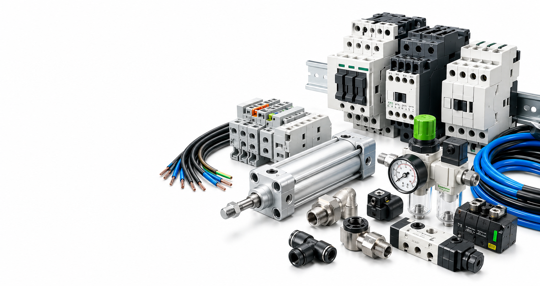 Industrial parts: pneumatic cylinders, contactors, terminal blocks, cables and fittings